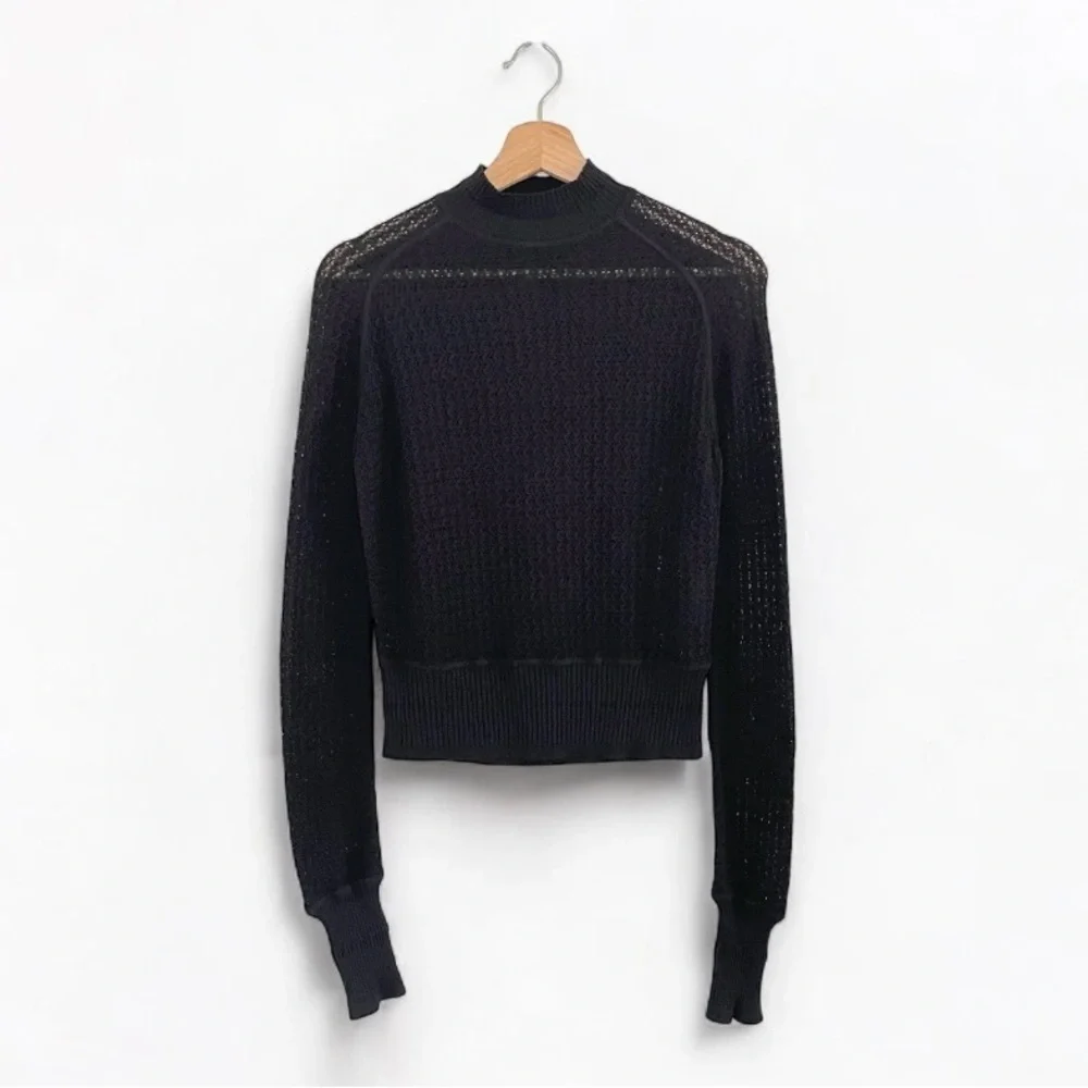 Alexander Wang Open Knit Mock Neck Sweater Top Cropped Slim Fit Black Medium
